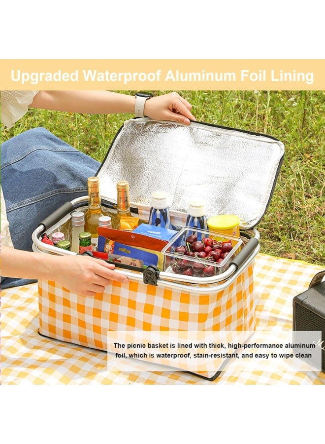 Insulated Picnic Basket 30L Large Capacity Collapsible Thermal Food Basket with Lid – Waterproof Aluminum Foil Lining Oxford Fabric Market Basket with Dual Sturdy Handles – Foldable Picnic Tote for Camping Beach BBQ Grocery Shopping Food Delivery Travel – Yellow Grid Design - Image 5